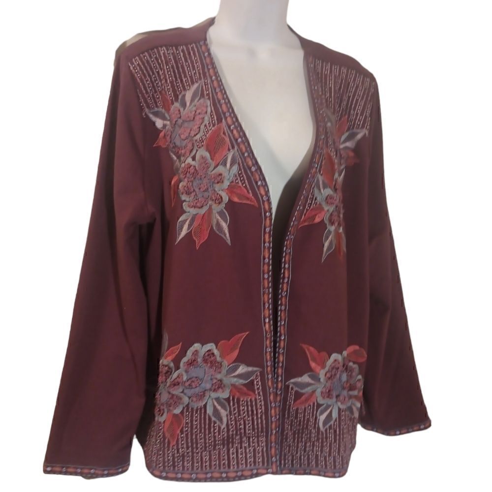 Soft Surroundings Playa embroidered open front jacket dark berry L